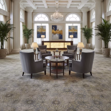 بهو استقبال فندقي بمساحة واسعة وموكيت أكسمنستر